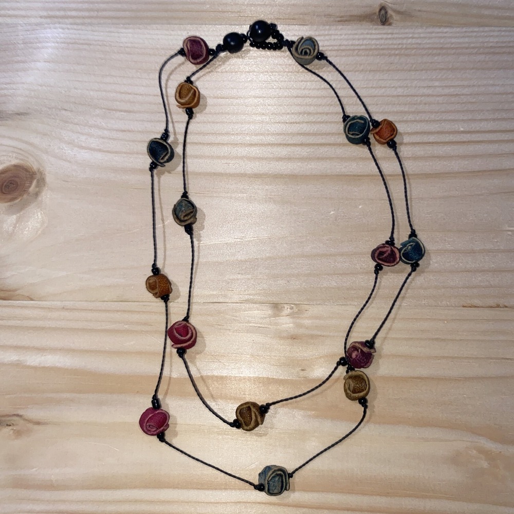 Artsy Leather Rosette Necklace Blue Pink Roses 20" Western Prairie Double Strand